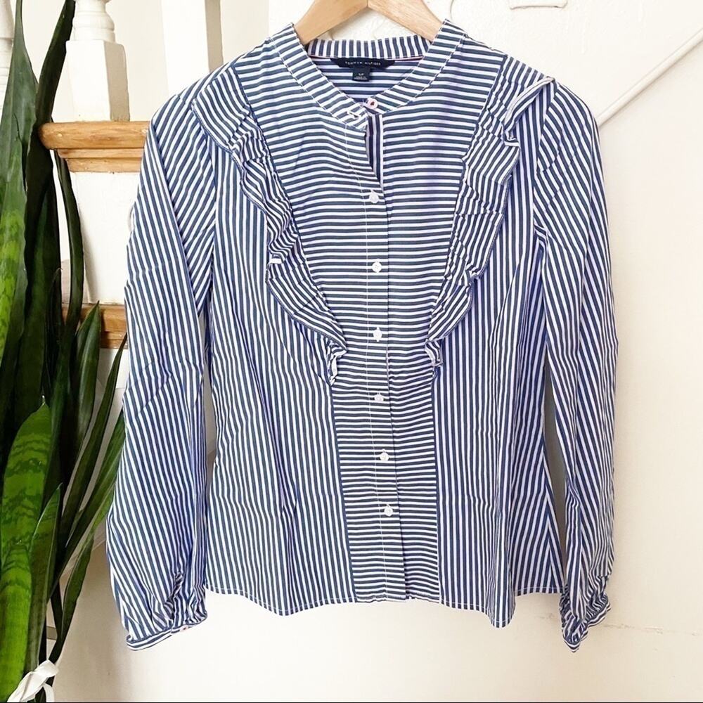 Tommy Hilfiger Blue & White Striped Long Sleeve Cotton-Blend Blouse Size S